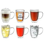Creano doppelwandiges Thermoglas mit Henkel 250ml, großes Doppelwandglas aus Borosilikatglas, Kaffeegläser, Teegläser, 6er Set