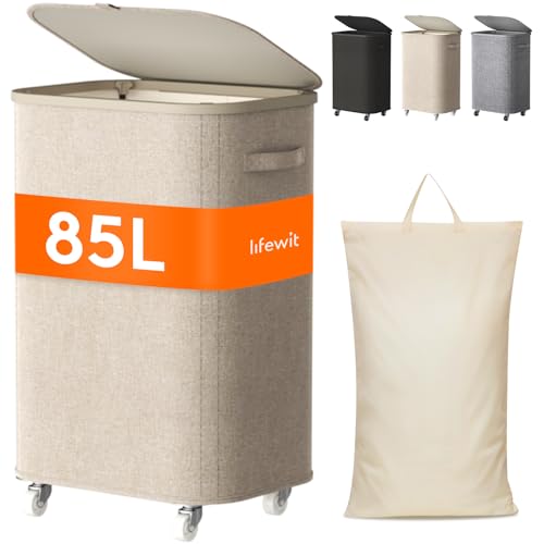 Lifewit Wäschekorb mit Deckel auf Rädern 85L Wäschesammler mit Kunststoffrahmen faltbarer großer Wäschesortierer Wäschebox Laundry Baskets für Schlafzimmer Bad Beige