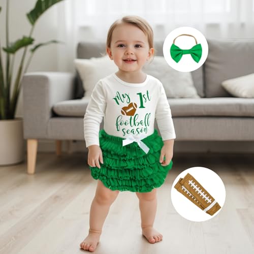 My 1st Football Season Baby Girl Outfit Newborn Letters Long Sleeve Romper Ruffle Bloomers Headband Leg Warmers Set2
