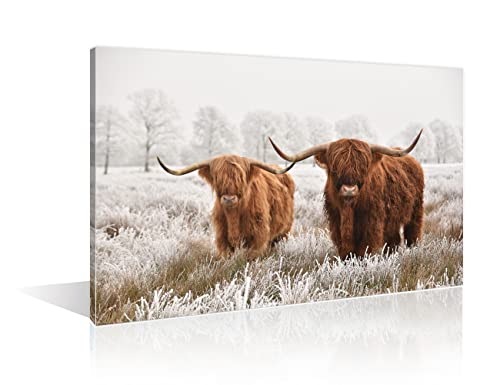 Peinture paysage d'hiver et vache écossaise pour décoration murale de salon chaleureux