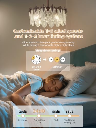 Image of 20 Inch Brown Crystal Fandelier Ceiling Fan with Light, Vintage Brown Ceiling Fans with Lights Remote Control, Caged with 6 Speeds for Bedroom, Nursery, Living Room
