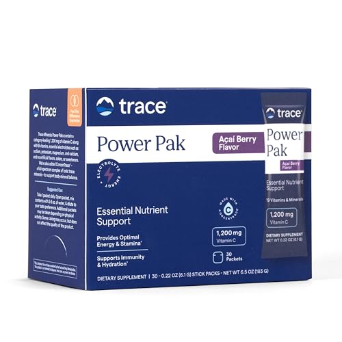 Trace Minerals | Power Pak Electrolyte Powder Packets | 1200 mg Vitamin C Zinc Magnesium | Boost Immunity Hydration and Natural Energy | Acai Berry | 30 Packets