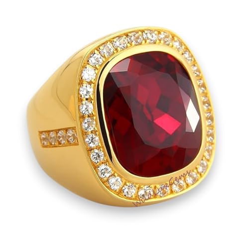 WildLuxGems 925 Sterling Silver Gold Vermeil Biker Bishop Ring for Men with Red Ruby and CZ Diamonds | Statement Ring for Engagement, Anniversary, Valentine and Christmas Gift