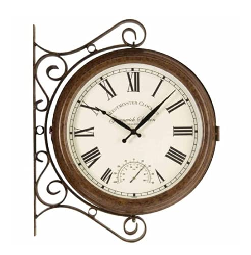 Garden Mile 15" Greenwich Double Sided Station Clock & Thermometer Outdoor Indoor Wall Mounted Timepiece Decorative Garden Clock Roman Numerals