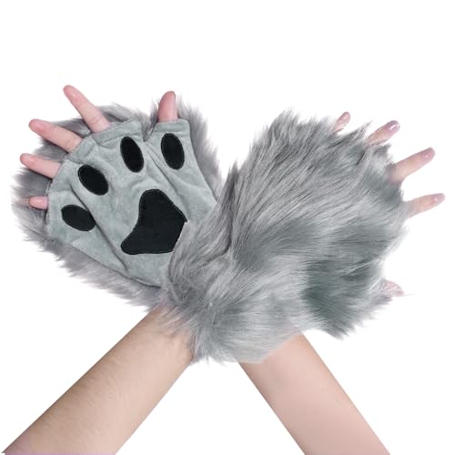 Jmkcoz Wolf Paw Gloves Faux Fur Plush Fingerless Fox Cat Gloves Animal Cosplay Halloween Fancy Party Costume Accessories