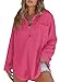 Astylish Women Oversized Waffle Shirts V Neck Long Sleeve Loose Blouses Versatile Button Lightweight Pullover Rose Red Large