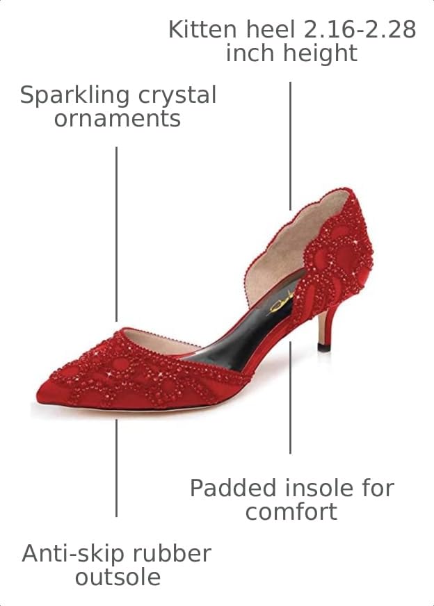 Image of XYD Women's Pumps, Elegant Pointed Toe, D'Orsay Kitten Low Heels, Rhinestone Studs, Slip-On Satin Shoes for Wedding