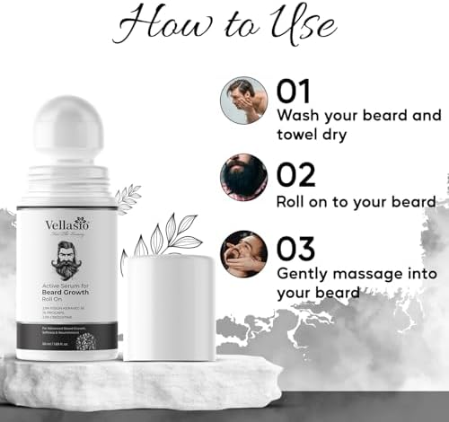 VELLASIO Beard Growth Roll On, 100% Organic All Natural Beard Oil Blend for Thicker, Fuller, and Healthier Beards | Softness and Nourishment Beard Oil - 50 ml/1.69 fl.oz