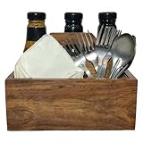Hrb Handicrafts Teak Wood Cutlery and Condiment Organizer – Rustic Wooden Caddy for Napkins, Sauce Bottles, and Dining Table Storage