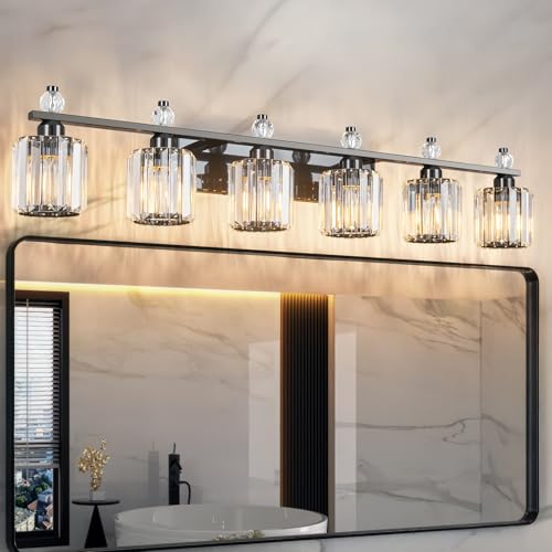 FDPBY Bathroom Vanity Lights 6-Light Plating Black Modern Crystal Vanity Light Fixtures Over Mirror Crystal Bathroom Vanity Lighting Fixtures
