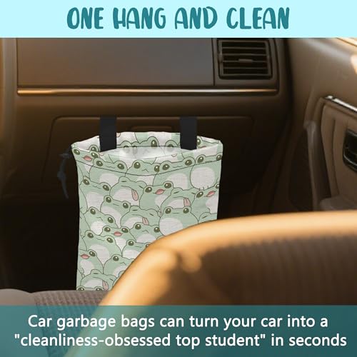Image of Car Garbage Bag Cute Frog Kiddie Hanging Canvas Car Trash Bag Waterproof Drawstring Car Back Seat Organizer for Car Back Front Seat Console with Adjustable Buckle