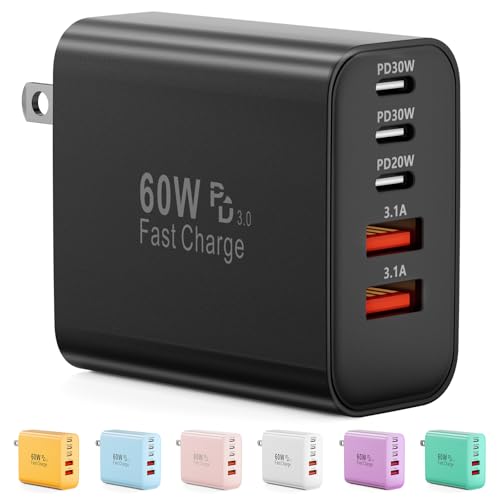 Image of USB C Charger Block, 60W 5-Port Type C Charger Fast Charging Blocks | USBC Multiple Port Wall Charger Plug for iPhone 17 /16 /15 /14 /13 /12 /11 Pro Max, Samsung Galaxy, Android Phone, iPad, Black