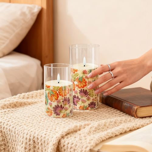 Image of Flickering Flameless Candles, Recessed String Light LED Candles 3D Wick Acrylic Battery Operated LED Pillar Candles with Remote and Timer for Modern Simple Home Decor Set of 3(Floral Printed)
