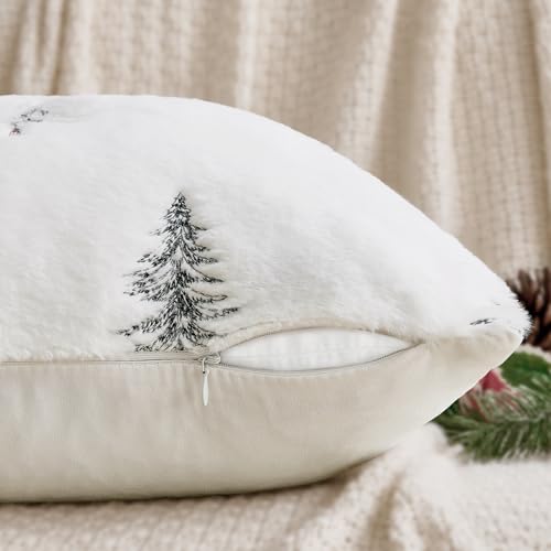 Image of MIULEE Christmas Decorative Pillow Covers Set of 2 Faux Fur Throw Pillows with Embroidered Christmas Tree 18x18 Inch White Black Winter Couch Covers for Festival Sofa Bedroom Living Room Home Decor
