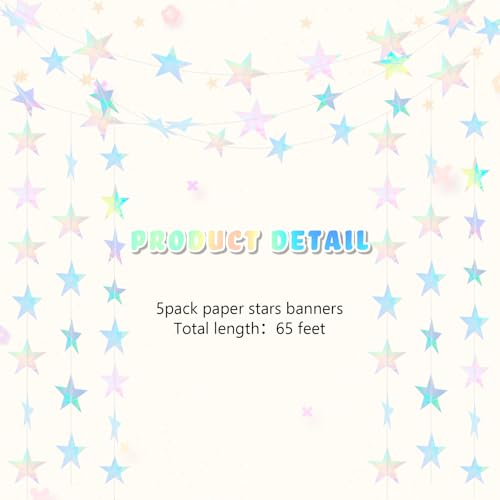 Image of Spakon 65 Feet Glitter Star Paper Garland Banner Hanging Decoration Star Streamers Double Side 2026 Graduation Decorations for Wedding Birthday Festival New Year Party Decoration (Iridescent)