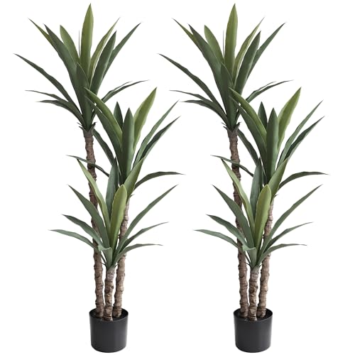 momoplant 2 Pack Artificial Agave Trees 4.5Ft Faux Agave Plant with 3 Heads Silk Faux Tree in Plastic Pot for Home Garden Office Decor