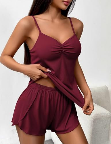 Image of Ekouaer Womens Cami Pajama Sets 2 Piece Ribbed Knit Lingerie Sleeveless Tank Top and Shorts Camisole Pjs Sleepwear