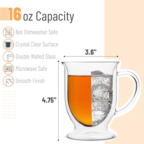 Brew To A Tea - Double Walled Glass Coffee Mugs, Set of 4, 16 oz, Double Wall Glass Coffee Mugs