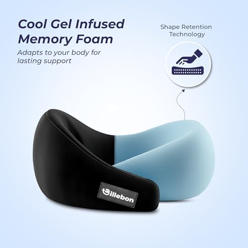 Image of Billebon Gel Infused Memory Foam Neck Pillow with Case, Travel Pillow with Adjustable Velcro Straps, Neck Pillow for Travelling & Flight Travel, Ergonomic Support for Comfort & Pain Relief (Black)