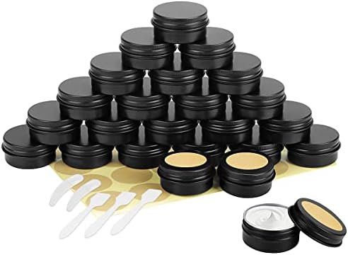 BELICOO 24 Pcs Cosmetic Containers 20ml Aluminium Tin Jars with Screw Lids, Labels and Mini Spatula for Cream, Sample, Powder, Makeup Storage (Black)