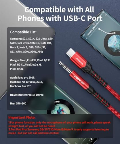 Image of JSAUX USB C to 3.5mm Audio Aux Jack Cable for iPad Pro 2018-Red [3.3ft]