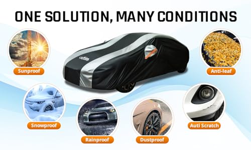 Image of Small Car Cover Waterproof All Weather Protection with Silver Stripe Design,Universal Fit Nissan Versa, Hyundai Accent, Kia Rio Sephia,Audi A3 80 90, Honda City Insight