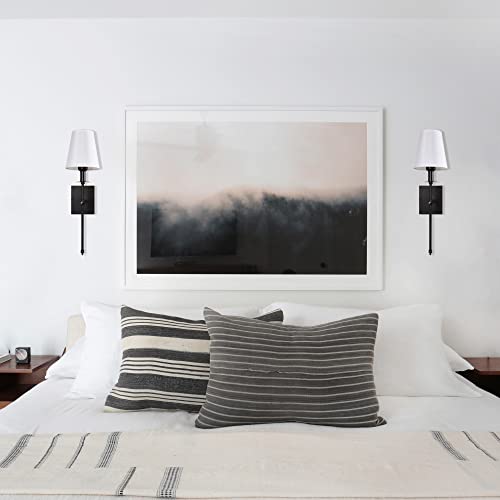 Image of Modern Black Hardwired Wall Sconces Set of 2 Slim with White Fabric Shade,Wall Lighting for Bathroom Vanity Mirror Living Room Dining Entryway Fireplace Mantel Theater Room Bedside