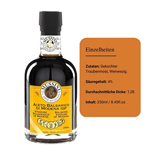 Mussini Aceto Balsamico Di Modena IGP - IL DENSO 12 Jahre - 5 Goldmedaillen - 250ml - Preisgekrönt aus der Modena Region Emilia-Romagna - Handwerklich in 12 unterschiedlichen Holzfässern-Arten gereift