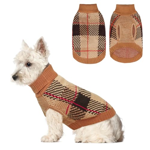 Image of BEAUTYZOO Small Dog Sweater, Plaid Knit Winter Clothes with Harness Hole | Turtleneck Pullover Fall Knitwear for Girl Boy Puppy, Fuzzy Fleece Cold Weather Coat Female Male, Warm Sweatshirt, Khaki SM