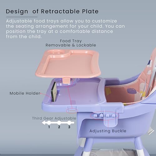 Image of Baybee 3 in 1 Auro Baby High Chair for Kids | Feeding Chair with 3 Height Adjustable & Basket, Booster Seat with Food Tray, Toy Bar & Safety Belt | High Chair for Baby 6 Months to 4 Years Boys Girls (Pink)