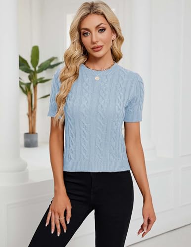 Image of Libsorge Womens Cropped Short Sleeve Sweater Fall 2025 Crewneck Sheer Knit Tops - Lightweight, Thin, Crop, Slim Fit