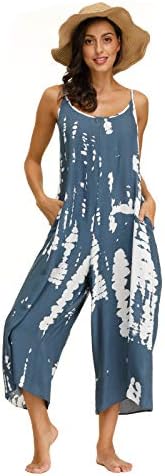 wexcen Jumpsuits for Women Floral Wide Leg Spaghetti Strap Sleeveless Casual Loose Ethnic Long Rompers with Pockets (Blue Grey, M)