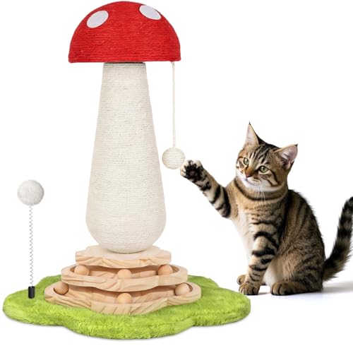 Mushroom Cat Scratching Post Cat Tree, Cute Cat Scratcher Tower with Interactive Ball Two-Layer Track Spring Ball Toys, Mushroom Scratch Post Cat Sisal Scratcher with Catnip for Indoor Cats by Himake - Used condition - US$34.09