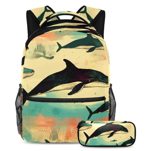 Cartables colorés baleines au design océanique avec trousse