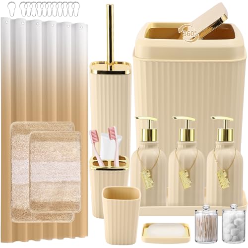 32Pcs Beige Bathroom Set with Shower Curtain and Rugs