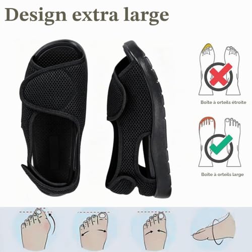 Gaatpot Chaussons Diabétiques Femmes Sandale Scratch Hommes Sandales de Rééducation Largeur Réglables Chaussures Orthopédique Eté noir EU40 – vue 4