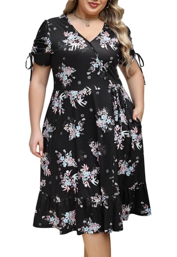 Image of Keluummi Plus Size Summer Wedding Guest Midi Dresses for Curvy Women, Floral V Neck Party Sundress