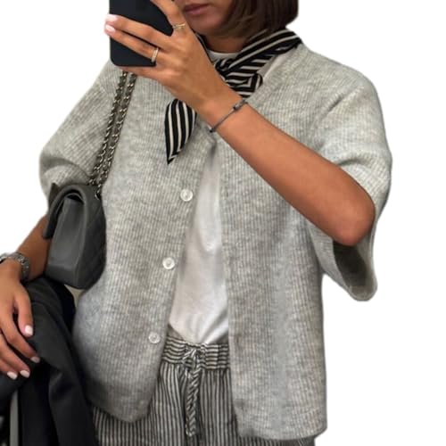 Image of Women Y2K Knit Cardigan Short Sleeve Crewneck Solid Color Button Down Tops Casual Going Out Sweater Streetwear