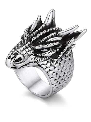 Image of Bandmax Mens Dragon Ring Size 10 Retro Style Stainless Steel Biker Rings for Men Big Animal Ring Chunky Punk Thumb Ring for Boyfriend Husband
