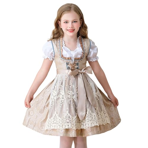 German Dirndl Oktoberfest Dress for Girls Short Sleeve Beer Dress Bavarian 𝐂𝐨𝐬𝐩𝐥𝐚𝐲 (Khaki #2, 5-6 Years)