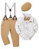 DISAUR Toddler Baby Boy Suit Gentleman Wedding Outfits 4PCS 4PCS with Dress Shirt Beret Hat Suspender Pants Bowtie 3-6Months（White/khaki）