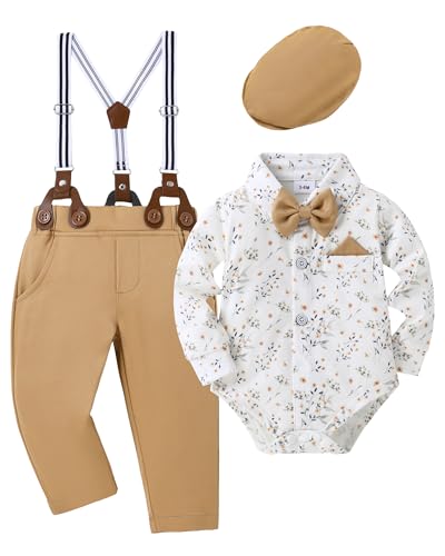 DISAUR Toddler Baby Boy Suit Gentleman Wedding Outfits 4PCS 4PCS with Dress Shirt Beret Hat Suspender Pants Bowtie 3-6Months（White/khaki）