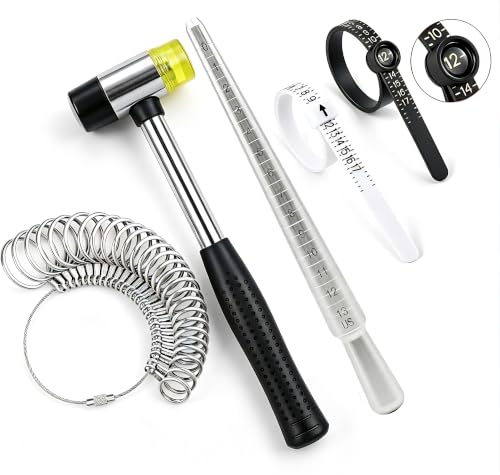 Image of Bflaae 5 PCS Ring Sizer Measuring Tool Kit with Ring Mandrel and Ring Mallet, 27 PCS Stainless Steel Ring Gauges, 2 PCS Reusable Finger Size Tape with Magnified Glass 1-17 USA Rings Size