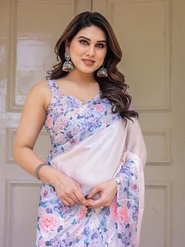 Image of ALMAARI FASHION Women's Floral Printed Georgette Satin Saree with Unstitched Blouse Piece | Traditional Ethnic Wear Sarees | Soft Lightweight Ethnic Office Wear Daily Wear Indian Sari (SG 181-190 SH)