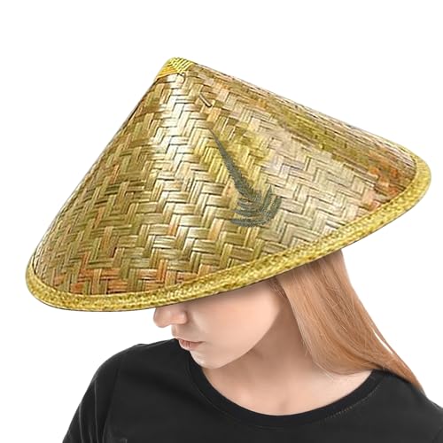 Mxshc Rice Hat Chinese Rattan Bucket Hat with Adjustable Chin Strap, Handmade Weave Straw Vietnamese Hats Fishing Sun Cap for Gardening, Camping, Hiking, Outdoors 36 Cm