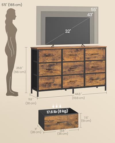Image of SONGMICS BELLAH Collection - Dresser for Bedroom, TV Stand for TVs Up to 55 Inches, Chest of Drawers for Living Room, Closet, Steel, 9 Drawers, Industrial, Rustic Brown and Ink Black ULGS033KD02S