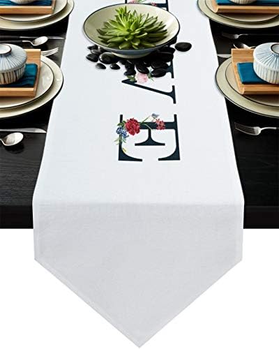 Womenfoucus 13x108in Table Runners - Love and Flower Modern Heatproof Cotton Linen Table Runner for Family Dinner Outdoor or Indoor Parties, Thanksgiving, Christmas, Gathering