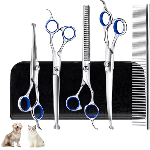 Hillylolly Ciseaux Toilettage Chien Professionnel Kit, Acier Inoxydable avec Pointe Ronde de Sécurité, y Ciseaux à Effiler Chien, Ciseaux Courbes Chien, Ciseaux Droits, Peigne, pour Chiens Chats