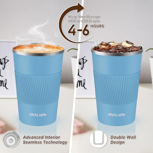 Image of Travel Mug 380 ml, Insulated Coffee Cup with Lid, Reusable Stainless Steel Thermal Cup for Coffee, Tea & Cold Drinks, Leak-Resistant Double-Walled Travel Mug, Azure Blue