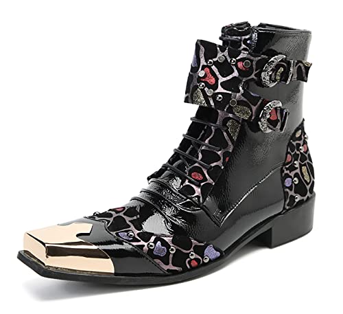 Santimon Men's Genuine Leather Western Cowboy Boots - Dress Casual Mid-Top Motorcycle Boots with Metal Square Toe & Beaded Buckle for Prom, Honky-Tonks & Night Rides